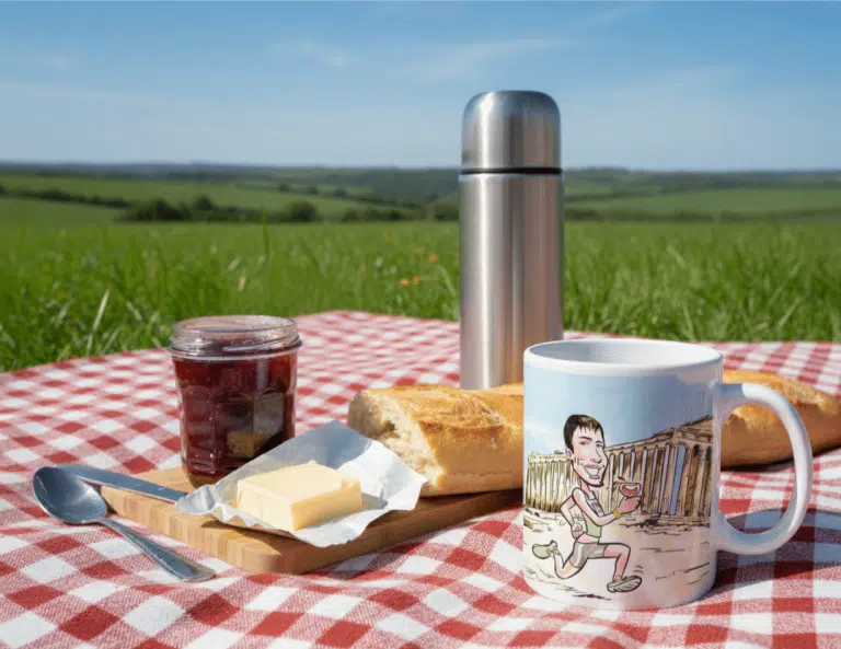 Caricature mug on a picnic blanket