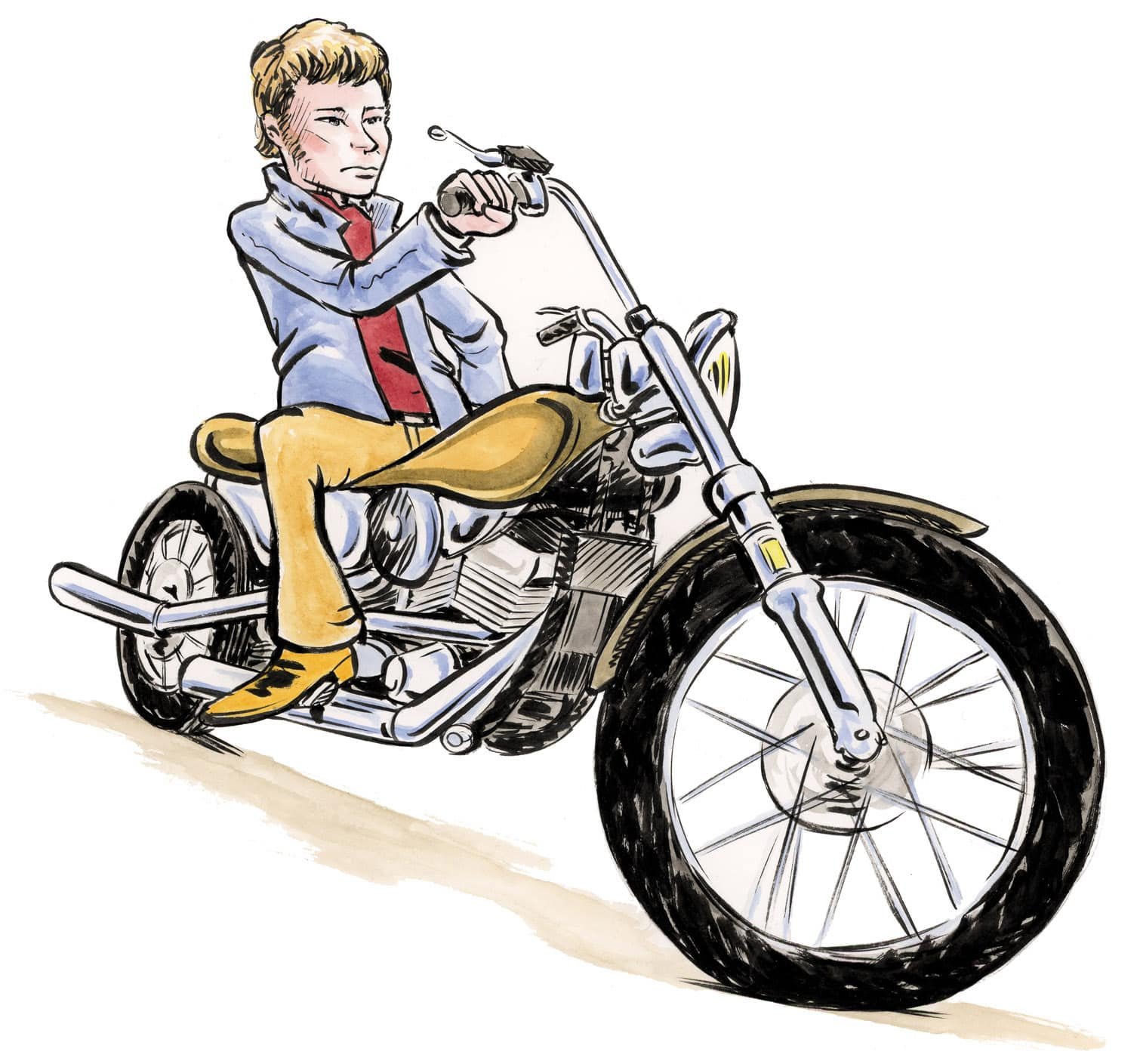 Caricatura di un motociclista su una Harley-Davidson, omaggio illustrato