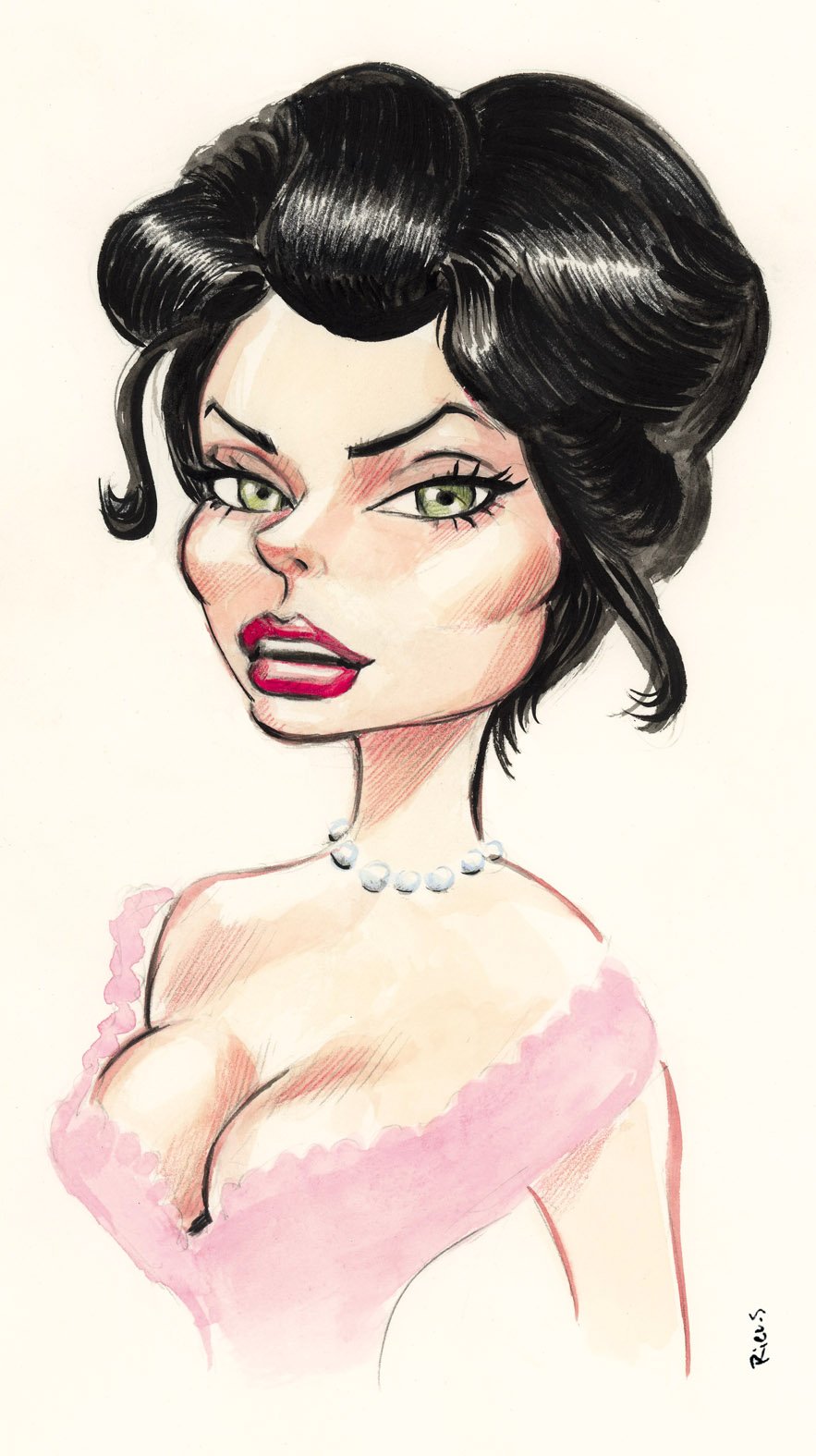 Caricatura pin-up di Sophia Loren agli esordi della sua carriera, acquerello di Sébastien Rieu