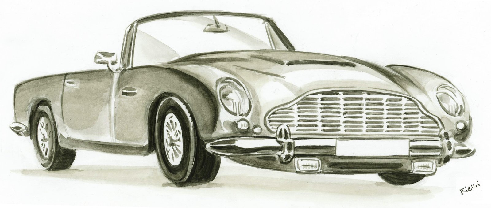 Ritratto ad acquerello di un'Aston Martin DB5, disegno originale di Sébastien Rieu
