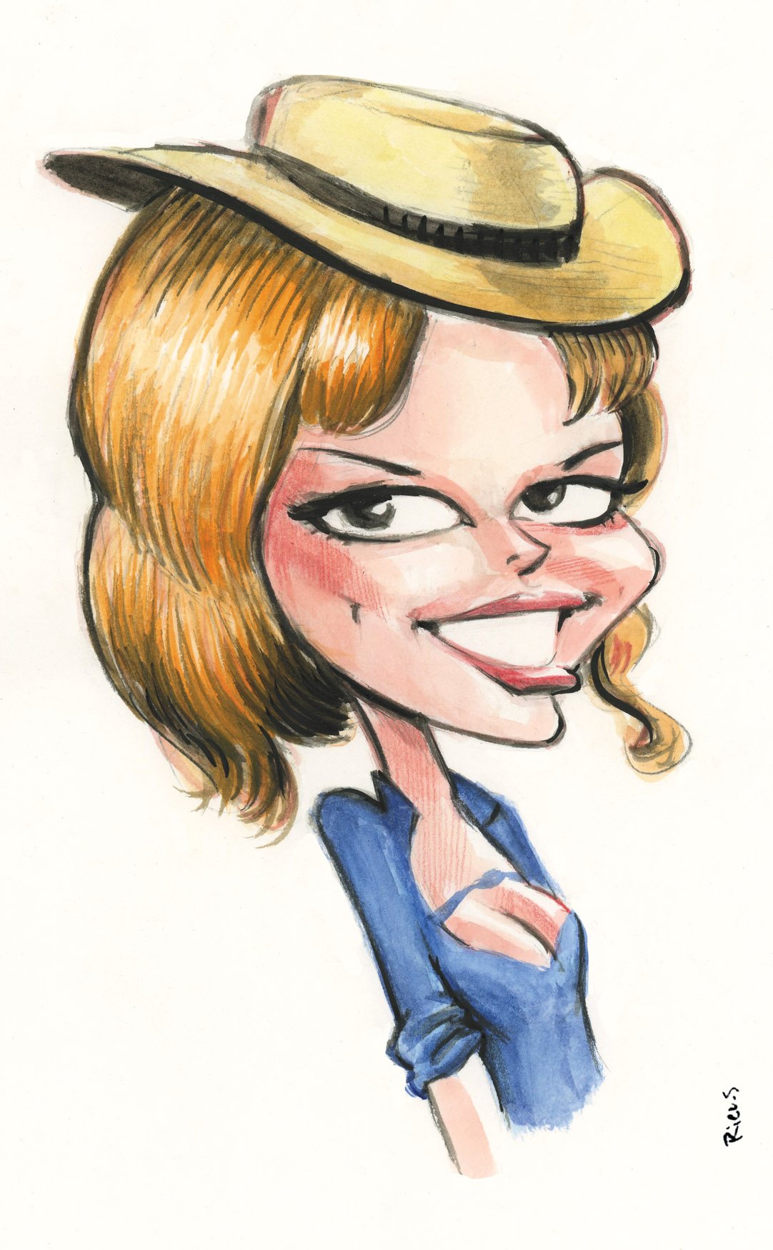 Caricatura pin-up di Claudia Cardinale, inchiostro e acquerello, di Sébastien Rieu