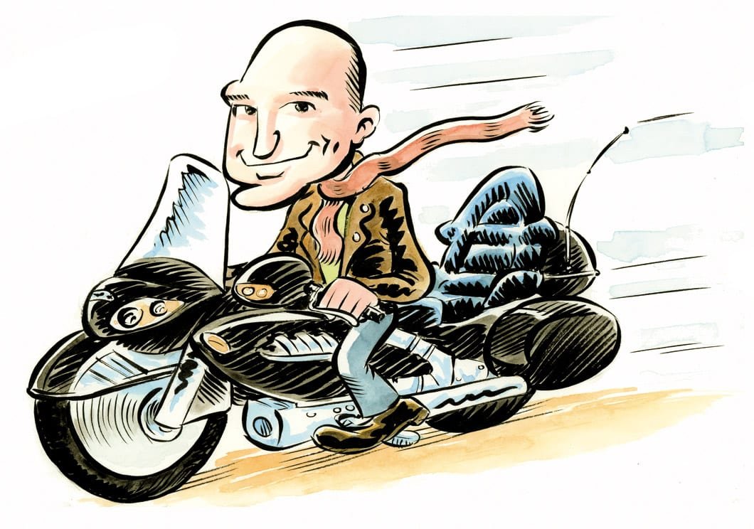 Caricatura di un motociclista sulla sua moto custom