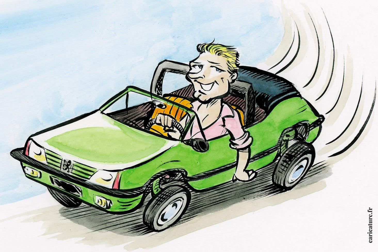 Caricatura di una Peugeot 205 coupé sportiva