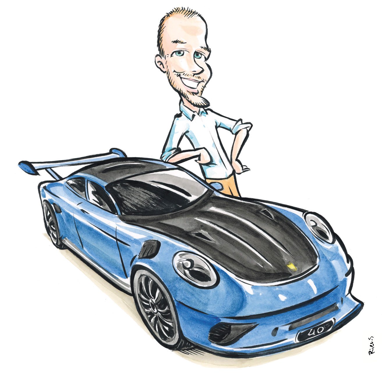 Acquerello di una Porsche 911 GT3 RS, disegno originale di Sébastien Rieu
