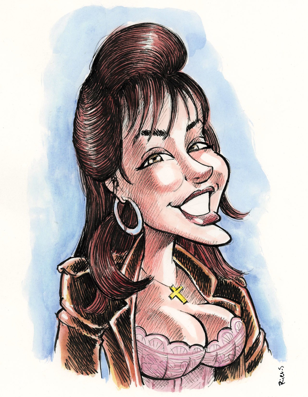 Caricatura pin-up di Sabrina Salerno nel 1988, acquerello di Sébastien Rieu