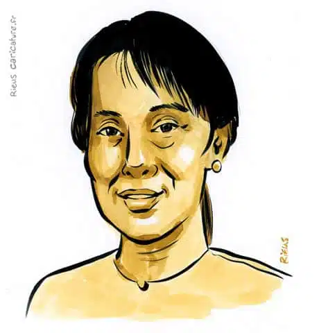 Ritratto ad acquerello seppia di Aung San Suu Kyi — Chef de l'opposition — 1945– · Sébastien Rieu