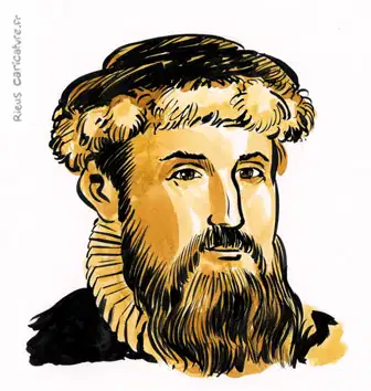 Ritratto ad acquerello seppia di Gutenberg — Inventore della stampa — ~1400–1468 · Sébastien Rieu