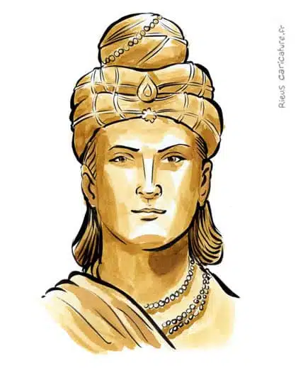 Ritratto ad acquerello seppia di Ashoka — Empereur Maurya — ~304–232 av. J.-C. · Sébastien Rieu