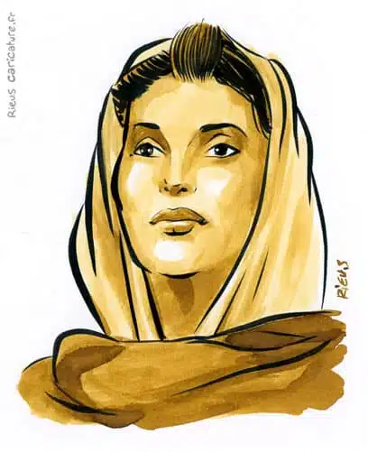 Ritratto ad acquerello seppia di Benazir Bhutto — Première ministre — 1953–2007 · Sébastien Rieu