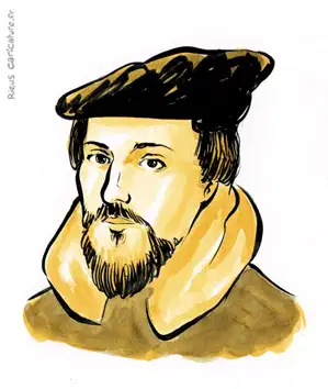 Ritratto ad acquerello seppia di Giovanni Calvino — Riformatore — 1509–1564 · Sébastien Rieu