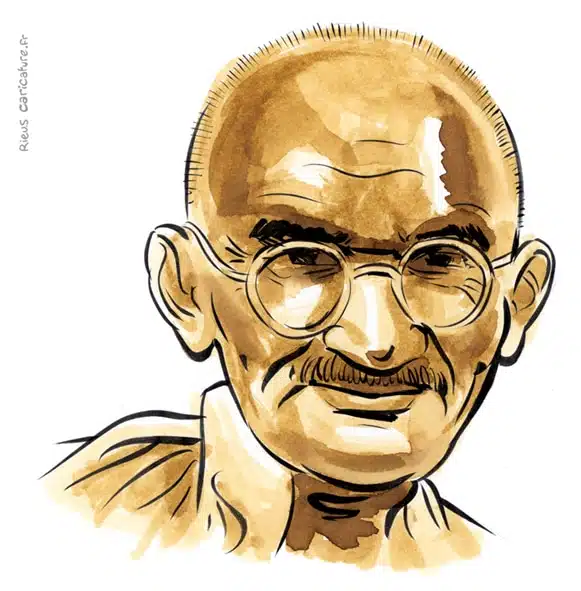 Ritratto ad acquerello seppia di Mahatma Gandhi — Père de la nation — 1869–1948 · Sébastien Rieu