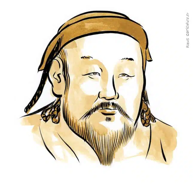 Ritratto ad acquerello seppia di Kubilai Khan — Fondateur dyn. Yuan — 1215–1294 · Sébastien Rieu