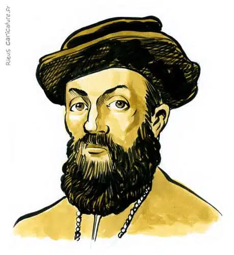 Ritratto ad acquerello seppia di Magellan — Navigateur — 1480–1521 · Sébastien Rieu