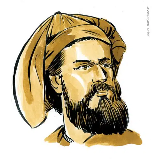 Ritratto ad acquerello seppia di Marco Polo — Explorateur — 1254–1324 · Sébastien Rieu