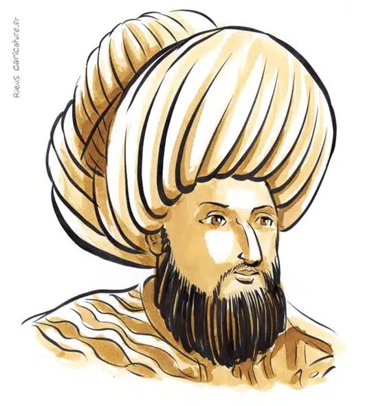 Ritratto ad acquerello seppia di Mehmet II — Sultan ottoman — 1432–1481 · Sébastien Rieu