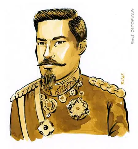 Ritratto ad acquerello seppia di Meiji — Empereur — 1852–1912 · Sébastien Rieu