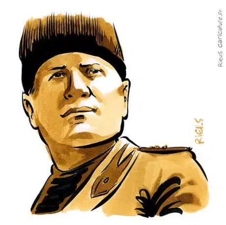 Ritratto ad acquerello seppia di Benito Mussolini — Dictateur — 1883–1945 · Sébastien Rieu