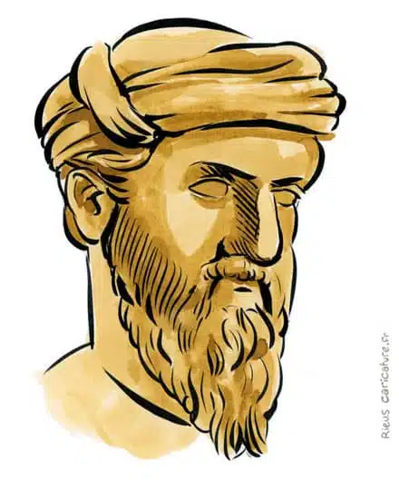 Ritratto ad acquerello seppia di Pythagore — Mathématicien — ~570–495 av. J.-C. · Sébastien Rieu