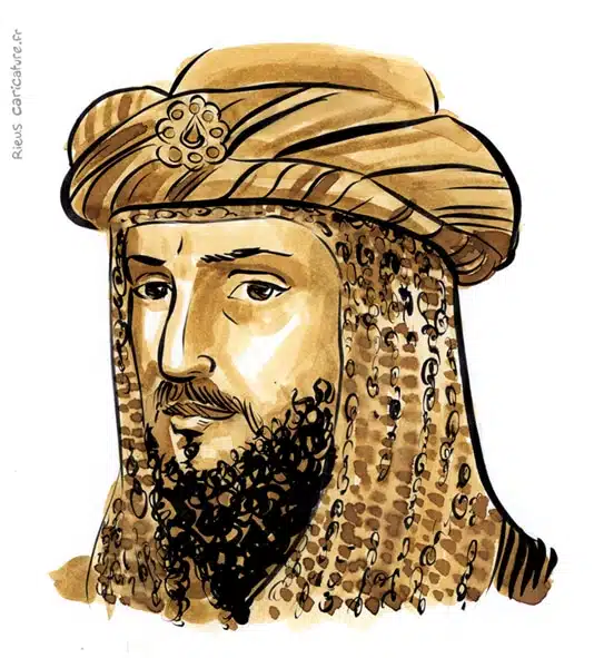 Ritratto ad acquerello seppia di Saladin — Sultan — 1137–1193 · Sébastien Rieu