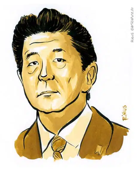 Ritratto ad acquerello seppia di Shinzo Abe — Premier ministre — 1954–2022 · Sébastien Rieu